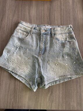 Rhinestone Embellished Light Blue Denim Shorts